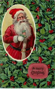Embossed Christmas Postcard Santa Claus Holds Jester Doll