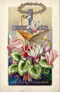 Easter Greeting Silver Cross Butterfly Embossed Flowers Postcard U17