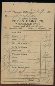 c1925 CHICAGO IL PILSEN DAIRY CO. RIDGEWAY AVE WHOLESALE ONLY INVOICE 35-2