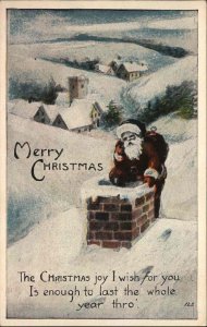 Christmas Santa Claus Climbs Chimney Roof c1900s-10s Postcard