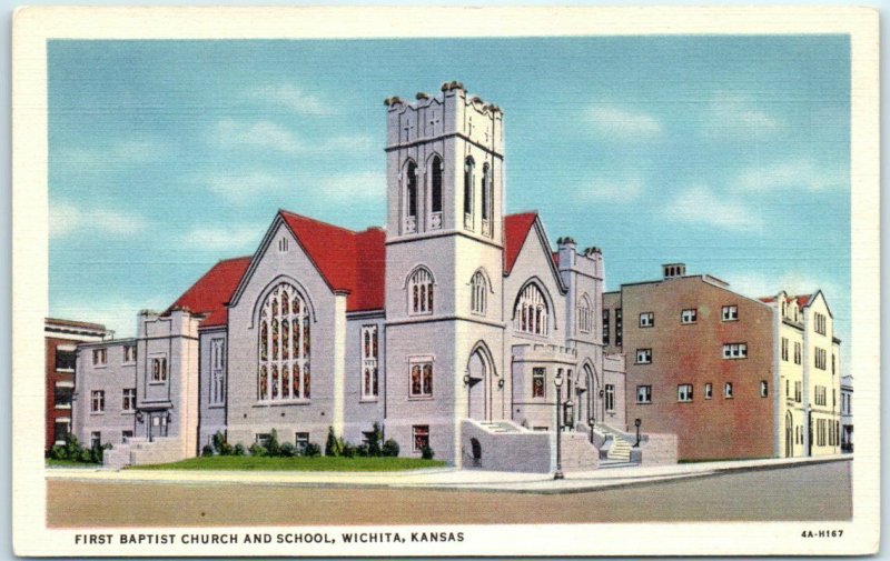 Postcard - First Baptist Church And School, Wichita, Kansas 
