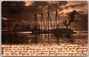 Boston Massachusetts MA, 1906 Outward Bound Masted Schooner & Steamship Postcard