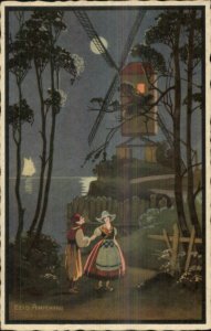 Anichini - Art Deco Moonlight Dutch Romance Windmill 1920s-30s Postcard