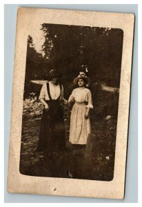 Vintage 1910's RPPC Postcard - Woman in Large Hats Pose in Country Garden