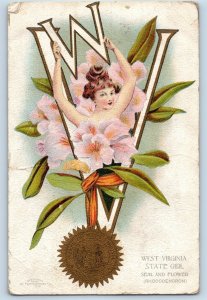 WV Large Letters West Virginia State Girl Seal And Flowers Odessa MN Postcard