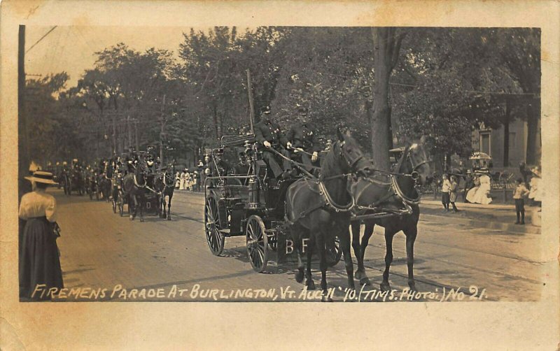 Burlington VT Fireman's Parade Horse Drawn Fire Fighting Wagons in 1910 RPPC