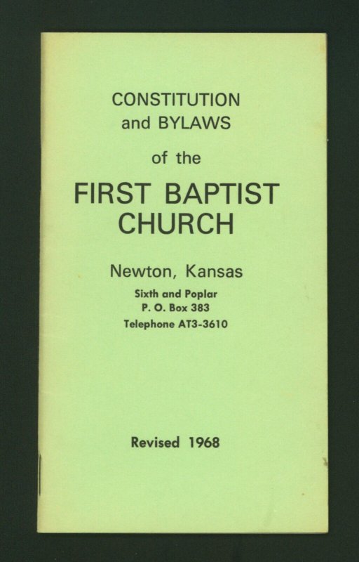 Constitution Bylaws First Baptist Church Newton Kansas Vintage 1968 Booklet