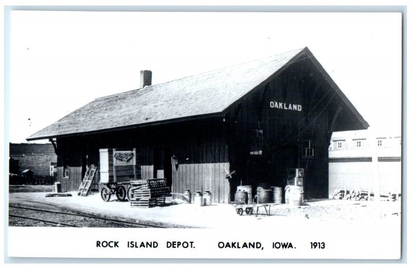 1913 Rock Island Oakland Iowa Railroad Train Depot Station RPPC Photo Postcard