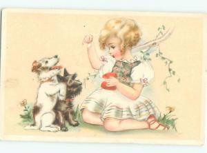 foreign 1942 Postcard GIRL PLAYING WITH PUPPY DOGS AC3679
