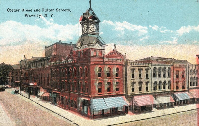 Vintage Postcard Corner Broad And Fulton Streets Waverly New York