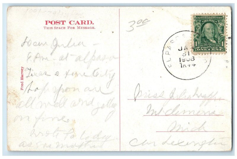 1908 Train Locomotive Union Passenger El Paso Texas TX Fred Harvey Postcard