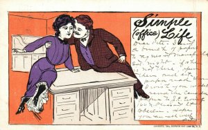 Vintage Postcard 1905 Simple Office Life Man & Woman Hugging on Desk Office