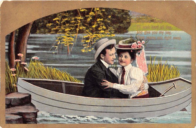 LOT OF 5 ROMANCE POSTCARDS 1910s~YOUNG COUPLE IN BOAT~ADDRESSED TO MARSHALL VA