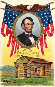 Beautiful Embossed, Lincoln Centennial, Log Cabin,Flags, Patriotic, Old Postcard