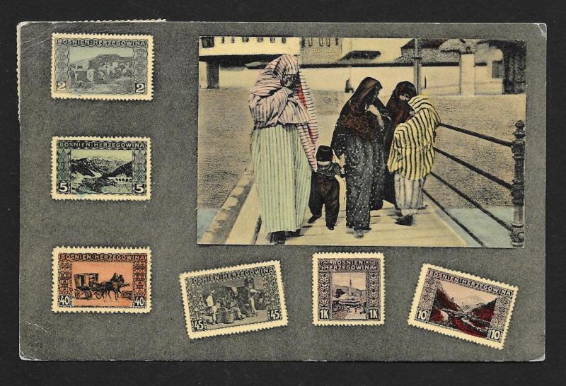 BOSNIA & HERZEGOVINA Stamps on Postcard Women & Child Used c1910s