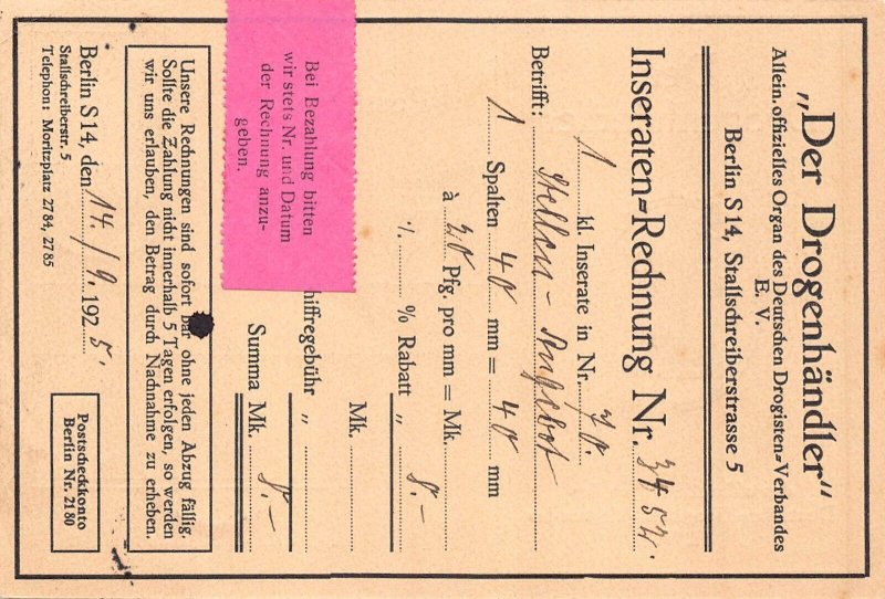 L115 Germany 1925 Pharmacy advertising Der Drogenhandler stationery postcard