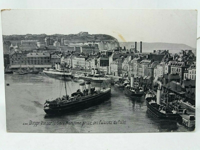 Dieppe View of Harbour Ferries in the Dock France Antique Postcard