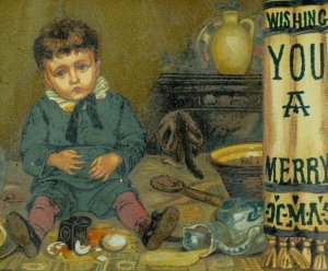 1870's-80's Lovely Boy Making A Mess Wishing Merry Christmas Victorian Card *B