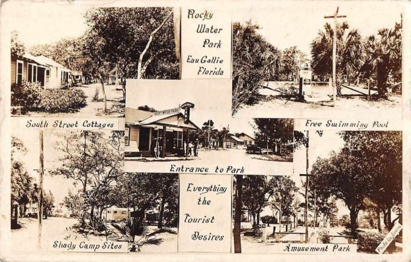 Eau Gallie Florida Rocky Water Park Gas Station Cottages Real Photo PC AA390