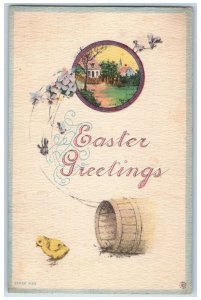1914 Easter Greetings Chick Barrell Pansies House Waterloo Iowa IA Postcard