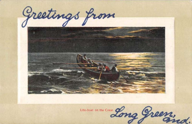 Long Green Maryland Greetings Life Boat on the Crest Vintage Postcard AA56120
