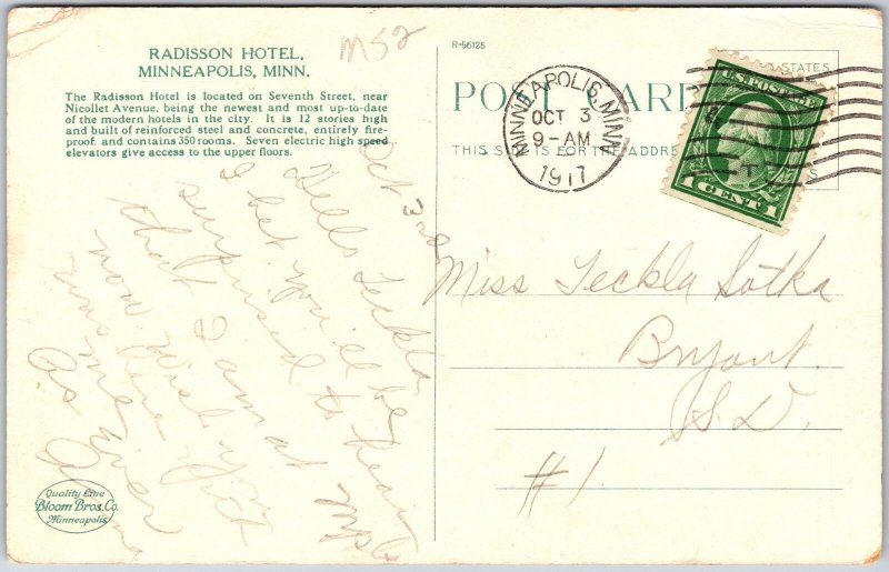 1917 Hotel Radisson Minneapolis Minnesota MN Street View Posted Postcard