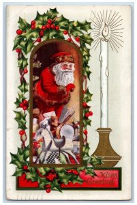 Christmas Greetings Santa Claus Delivering Toys Holly Berries Candle Postcard 