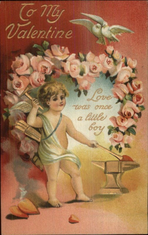 Valentine Cupid Blacksmith Gold Anvil & Hammer BB London Series Postcard