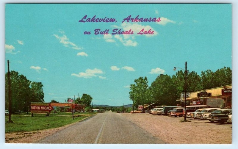 LAKEVIEW, Arkansas AR ~ Bull Shoals Lake STREET SCENE c1970s Esso Gas Postcard