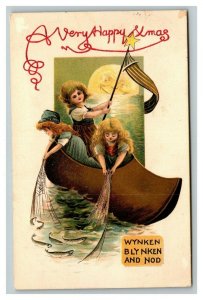 Vintage 1907 Christmas Postcard Cute Girls Fishing in Giant Wooden Shoe