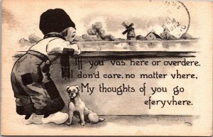 Dutch Kids Boy and Dog Signed Wall 1912