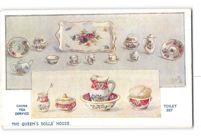 Tucks Oilette The Queens Doll House Postcard 1915-1930 China Tea Service Toilet