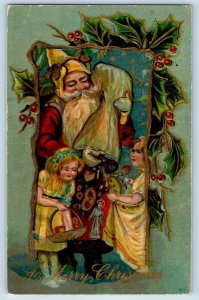 Christmas Postcard Santa Claus And Children Sack Of Toys Holly Berries Embossed