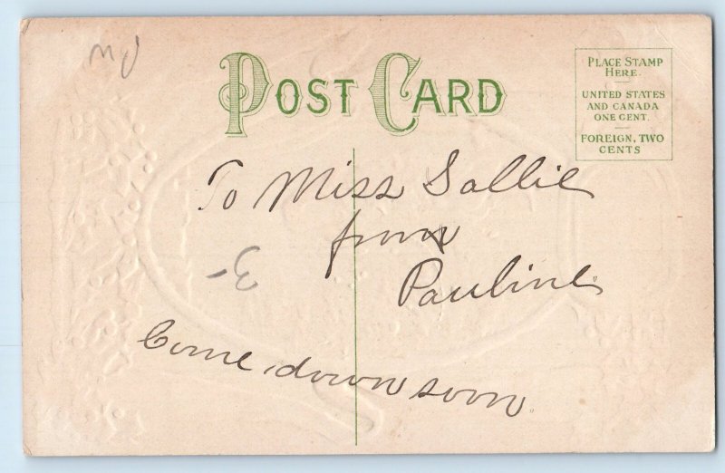 c1910's Christmas Girl Christmas Tree Holly Berries Embossed Antique Postcard