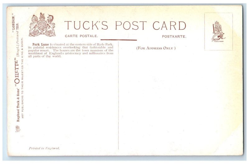 c1910 Monument, Horse Carriage, Park Lane, London Oilette Tuck Art Postcard 