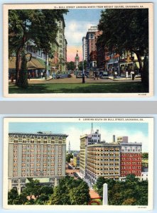 2 Postcards SAVANNAH, Georgia GA ~ North & South Views BULL STREET Scene 1930s