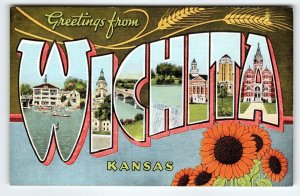 Greetings From Wichita Kansas Large Big Letter Postcard Linen EC Kropp Unused