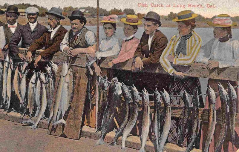 Fish Catch Fishing People Long Beach Pier California 1910c postcard