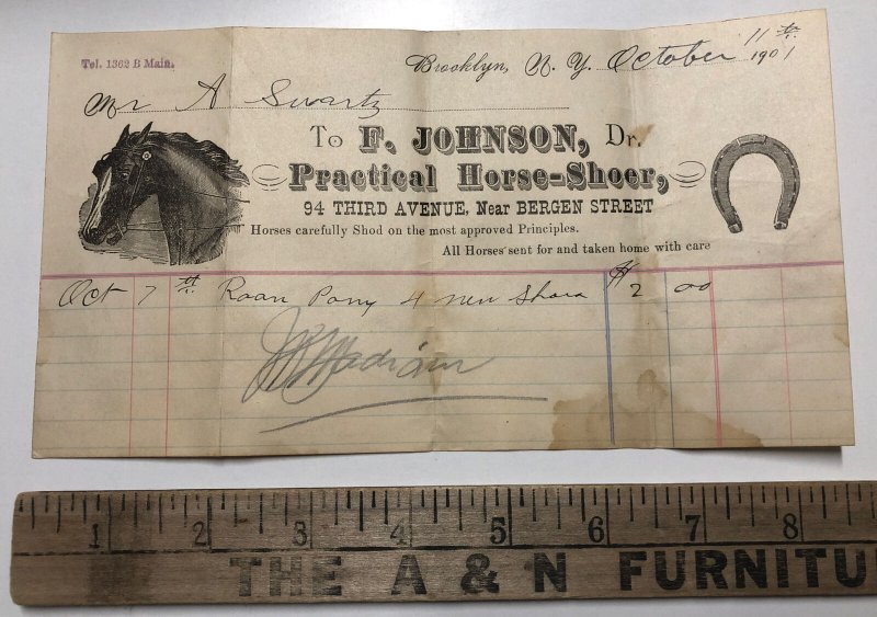 1900s Lot of 2 Dr. F. Johnson Practical HORSE SHOER Brooklyn NEW YORK Billhead