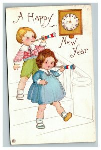 Vintage Early 1900's New Years Postcard Two Children Celebrating Clock POSTED