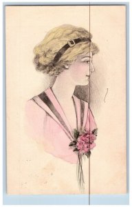 Waterville MN Postcard Pretty Woman Curly Brown Hair Flowers c1910's Antique