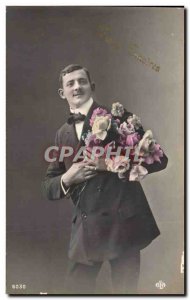 Old Postcard Fancy Man and flowers