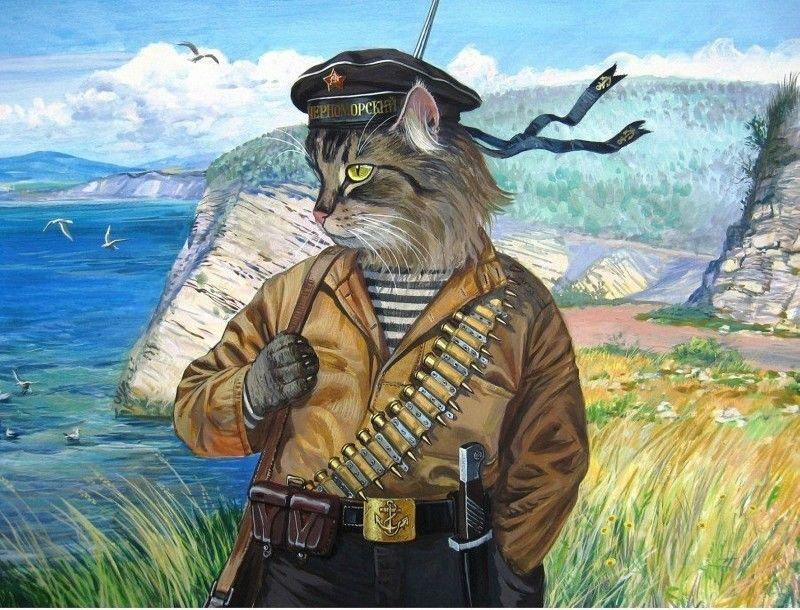 CAT Soldier Black Sea Fleet with Rifle Fantasy ART Modern Postcard