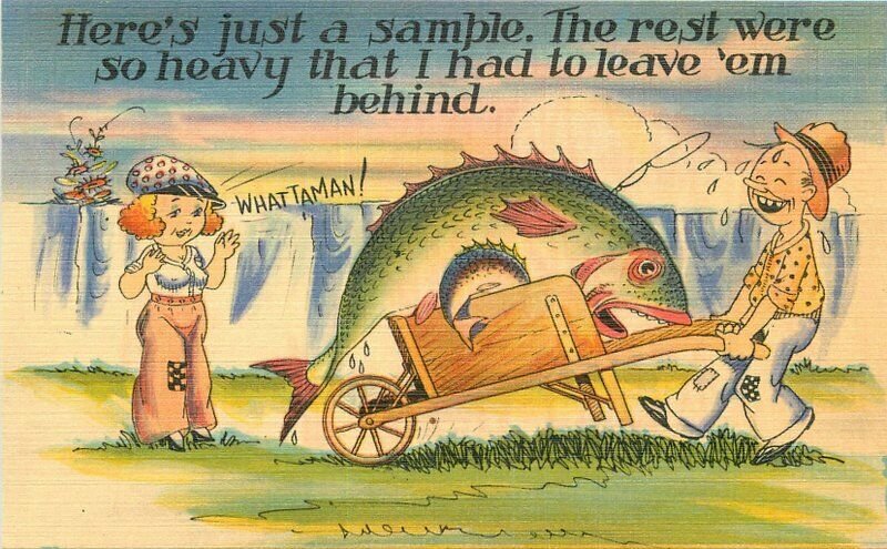 Asheville Comic Humor Fishing Exaggeration 1950s Postcard Couple linen 9776 | Topics - Cartoons & Comics - Comics, Postcard / HipPostcard Asheville Comic Humor Fishing Exaggeration 1950s Postcard Couple linen 9776 | Topics - Cartoons & Comics - Comics, Postcard / HipPostcard