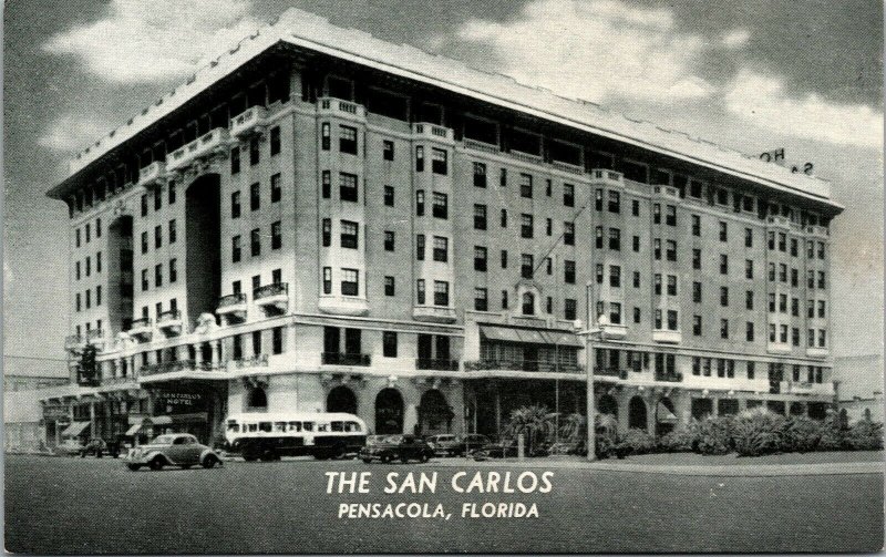 Vintage 1940's The San Carlos Hotel Old Cars Bus Pensacola Florida FL Postcard