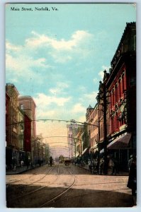 Norfolk Virginia VA Postcard Main Street Scene Buildings Streetcar 1910 Antique