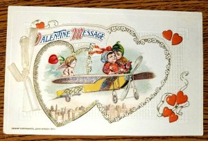 Winsch Freixas Valentine Art Fold-out Postcard Children in Airplane Cupid