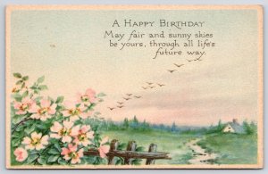 A Happy Birthday Flowers And Birds In Sunny Skies Landscaped Postcard