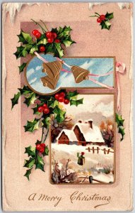 A Merry Christmas, 1910 Snowy House Inset With Holly & Bells, Vintage Postcard