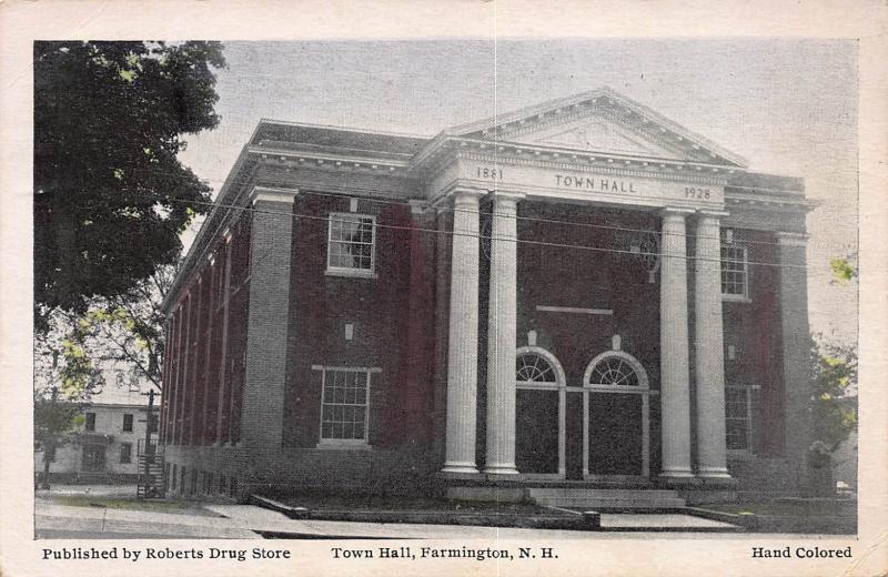 Town Hall, Farmington, New Hampshire, Early Postcard, Used in 1929